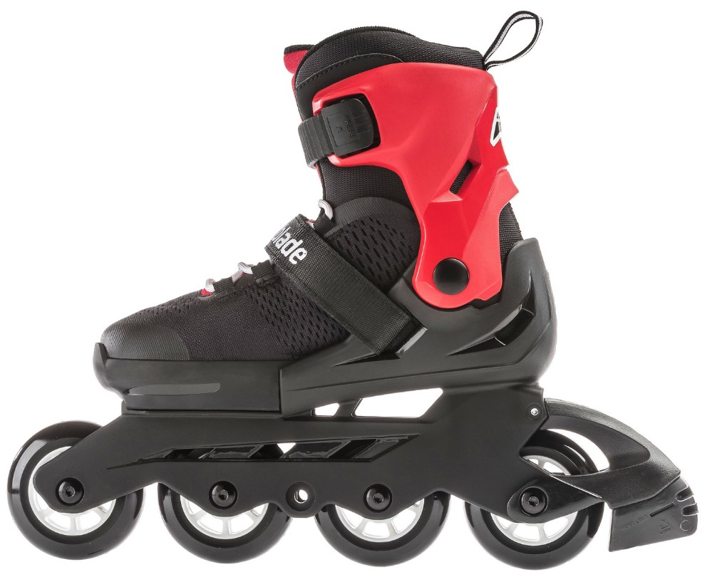 Rollerblade Microblade adjustable inline skate for kids with four wheels of 72 mm in the colours black and red seen from the inside